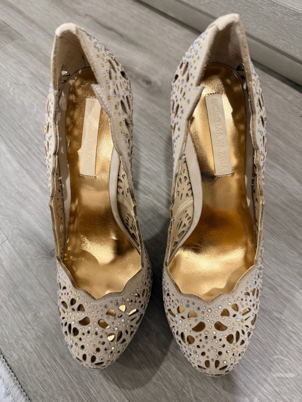 BCBGMaxAzria Nude Laser-Cut Crystal Pumps with Gold Insole